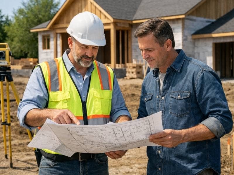 Licensed surveyor and property owner reviewing construction plans at a residential land surveying project in Birmingham, Alabama