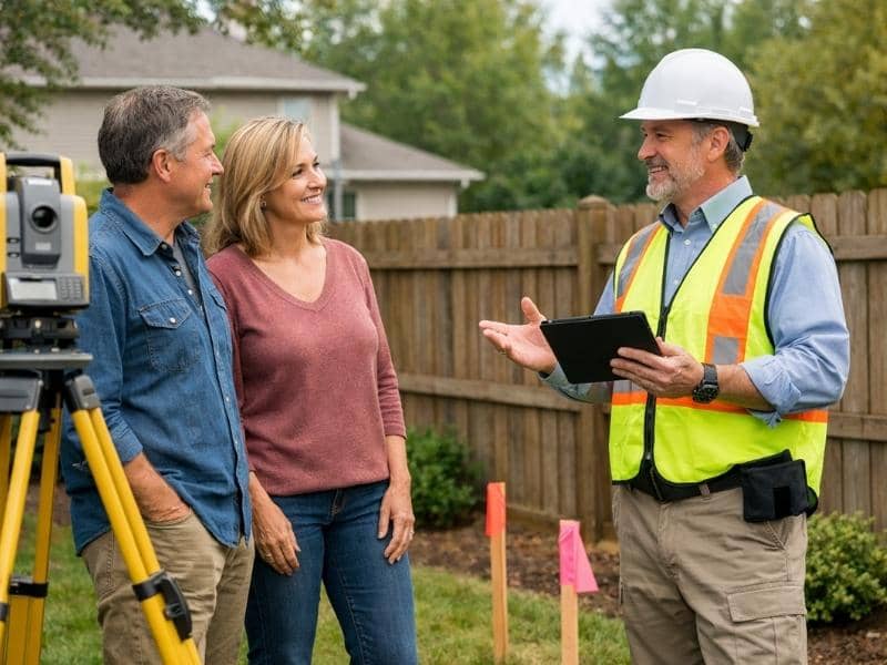 Homeowners reviewing property lines with a licensed surveyor during a boundary survey near a residential fence and survey stakes