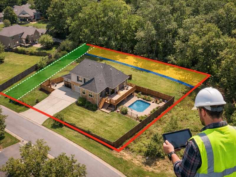 Aerial view of a Birmingham home showing property boundaries and a utility easement identified during an easement survey