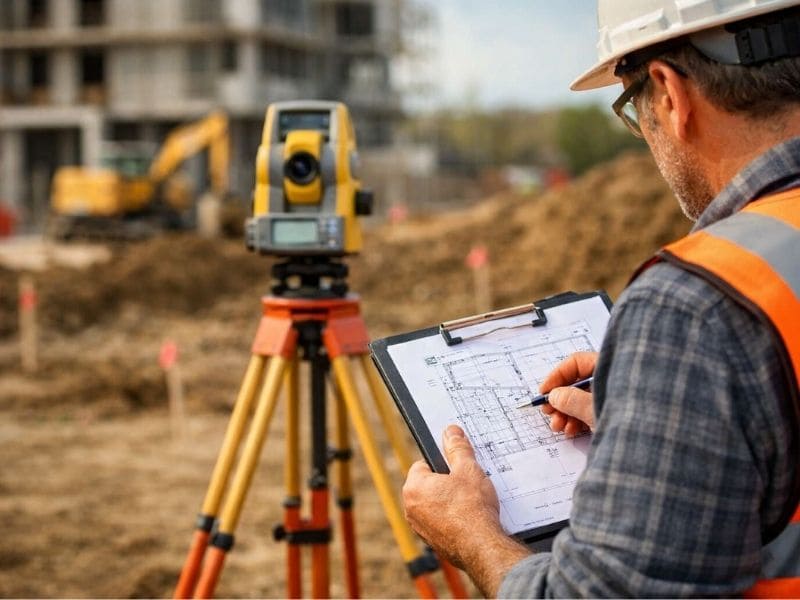 Land surveyor reviewing plans and using a total station at a commercial construction site.
