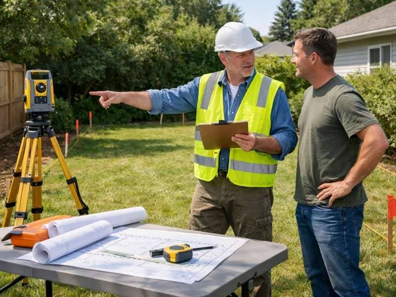 Licensed surveyor and homeowner reviewing a property line survey before installing a backyard fence and shed
