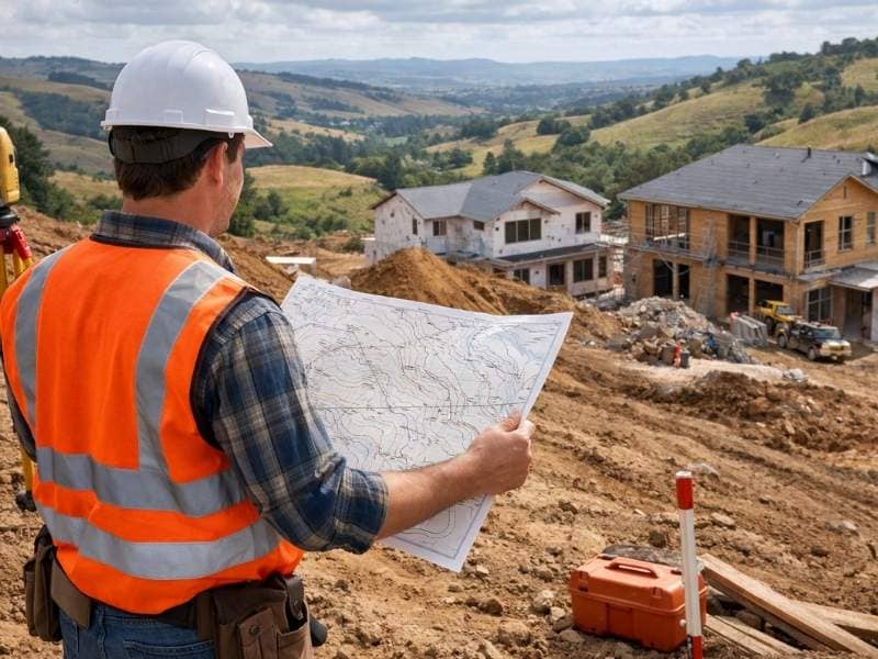 Surveyor reviewing a topographic survey map on a sloped residential construction site